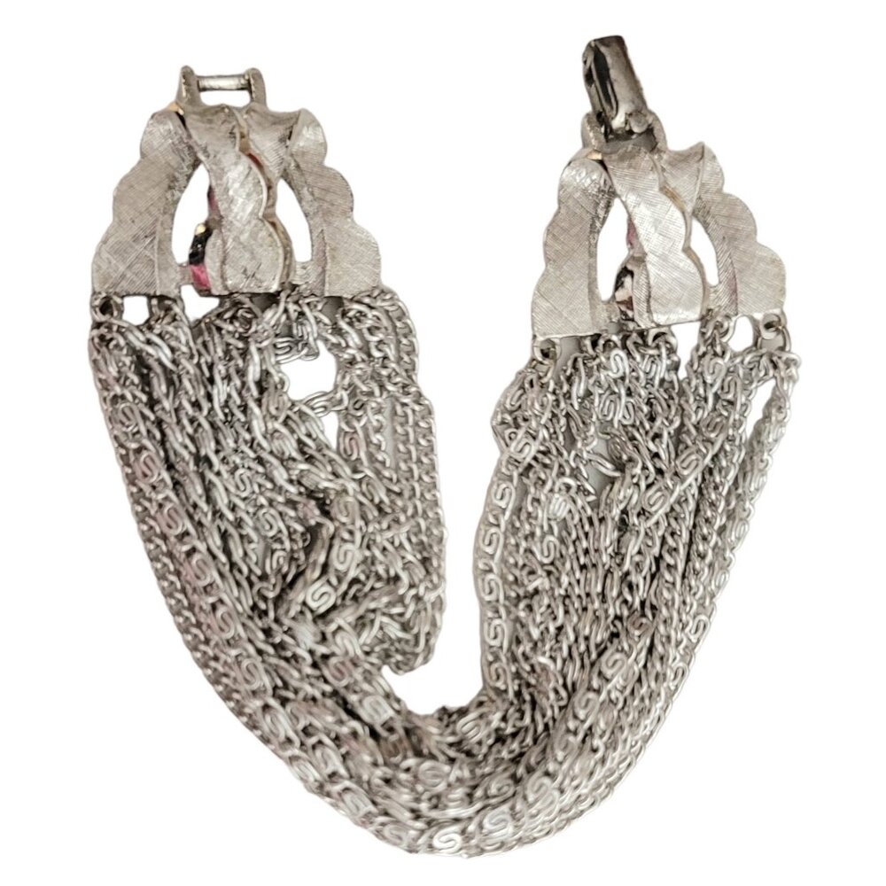 Francois Silver Tone Multi Strand Chain, Fold Over Clasp Vintage Bracelet Signed